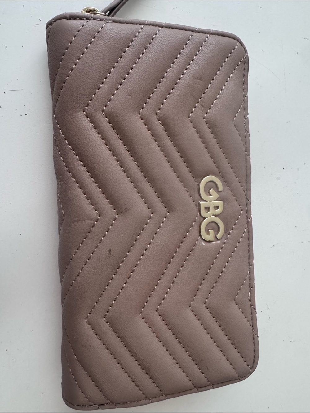 GBG Los Angeles Quilted Chevron Zip Wallet - Taupe Pink with Gold Logo
